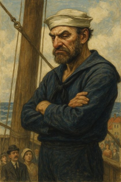 Booskijkende zeeman naar de mensen op de wal.